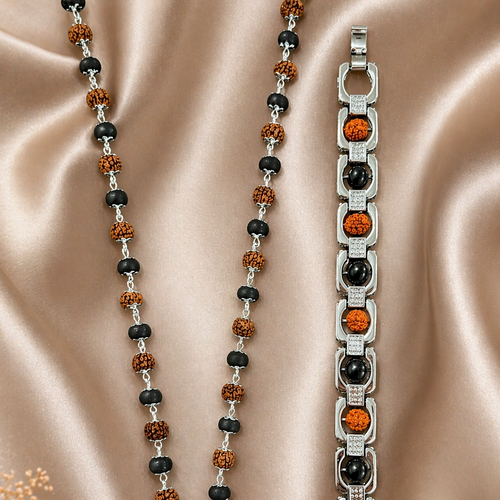 Rudraksha Karungali Malai Necklace & Cuban Bracelet Combo - Silver Plated