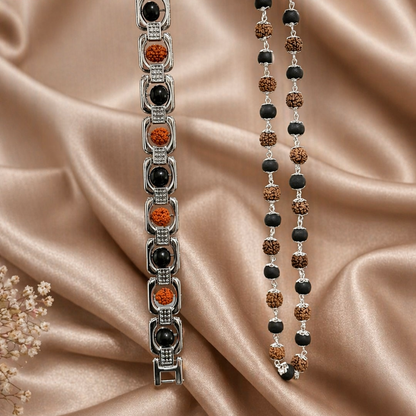 Rudraksha Karungali Malai Necklace & Cuban Bracelet Combo - Silver Plated