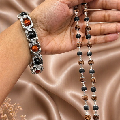 Rudraksha Karungali Malai Necklace & Cuban Bracelet Combo - Silver Plated