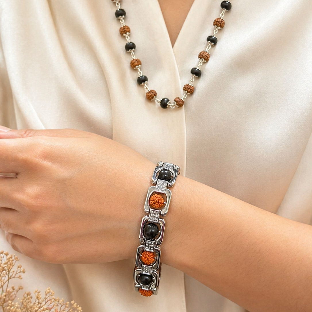 Rudraksha Karungali Malai Necklace & Cuban Bracelet Combo - Silver Plated