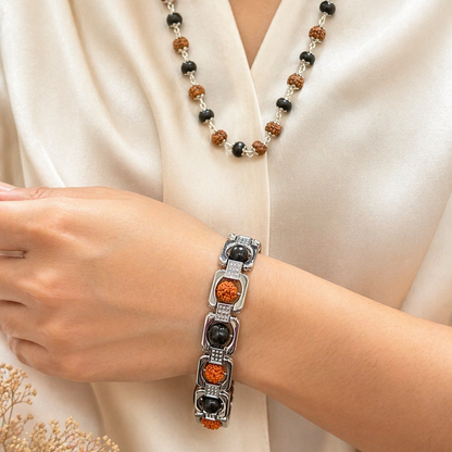 Rudraksha Karungali Malai Necklace & Cuban Bracelet Combo - Silver Plated