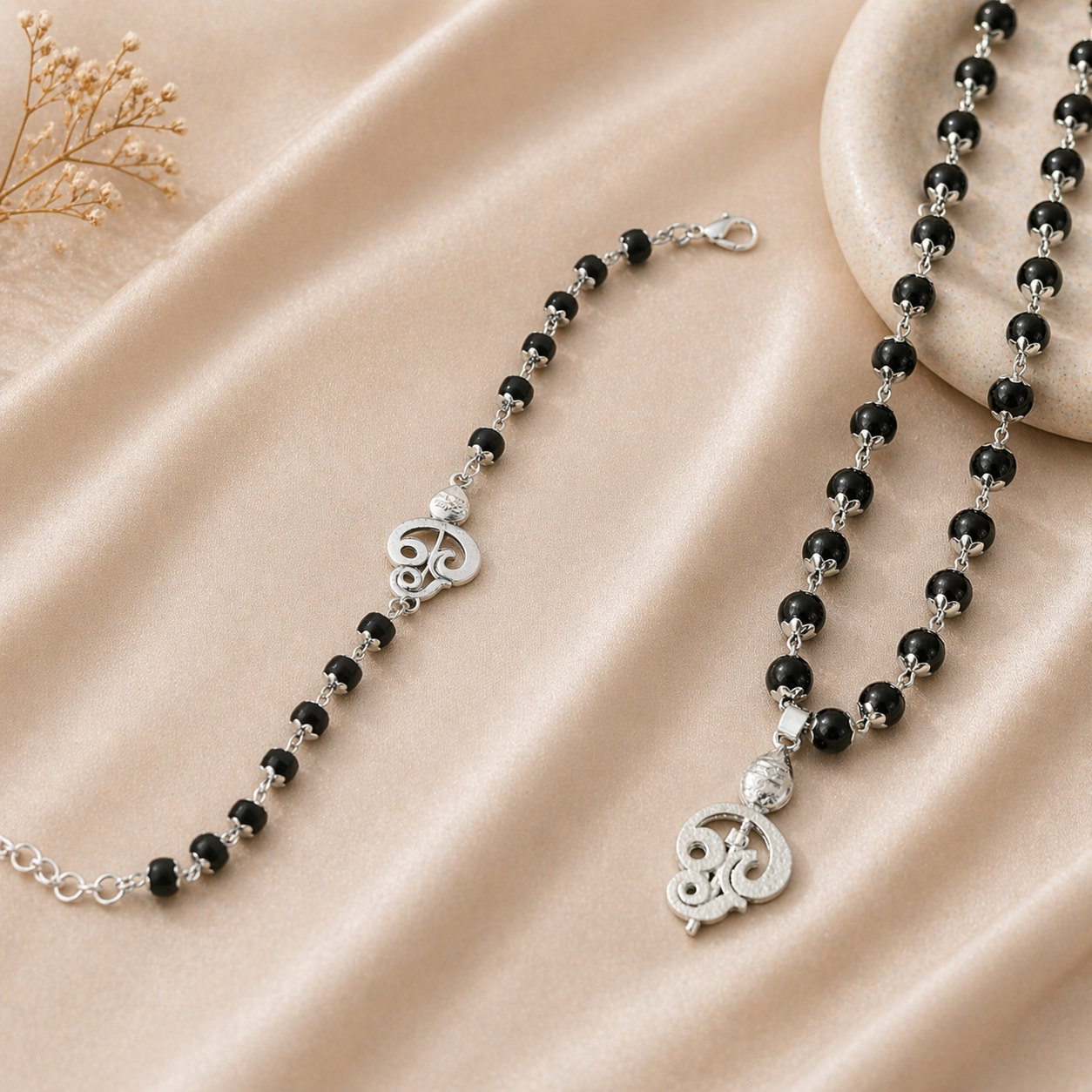 Murugan Vel Karungali Malai Necklace & Bracelet Combo - Silver Plated