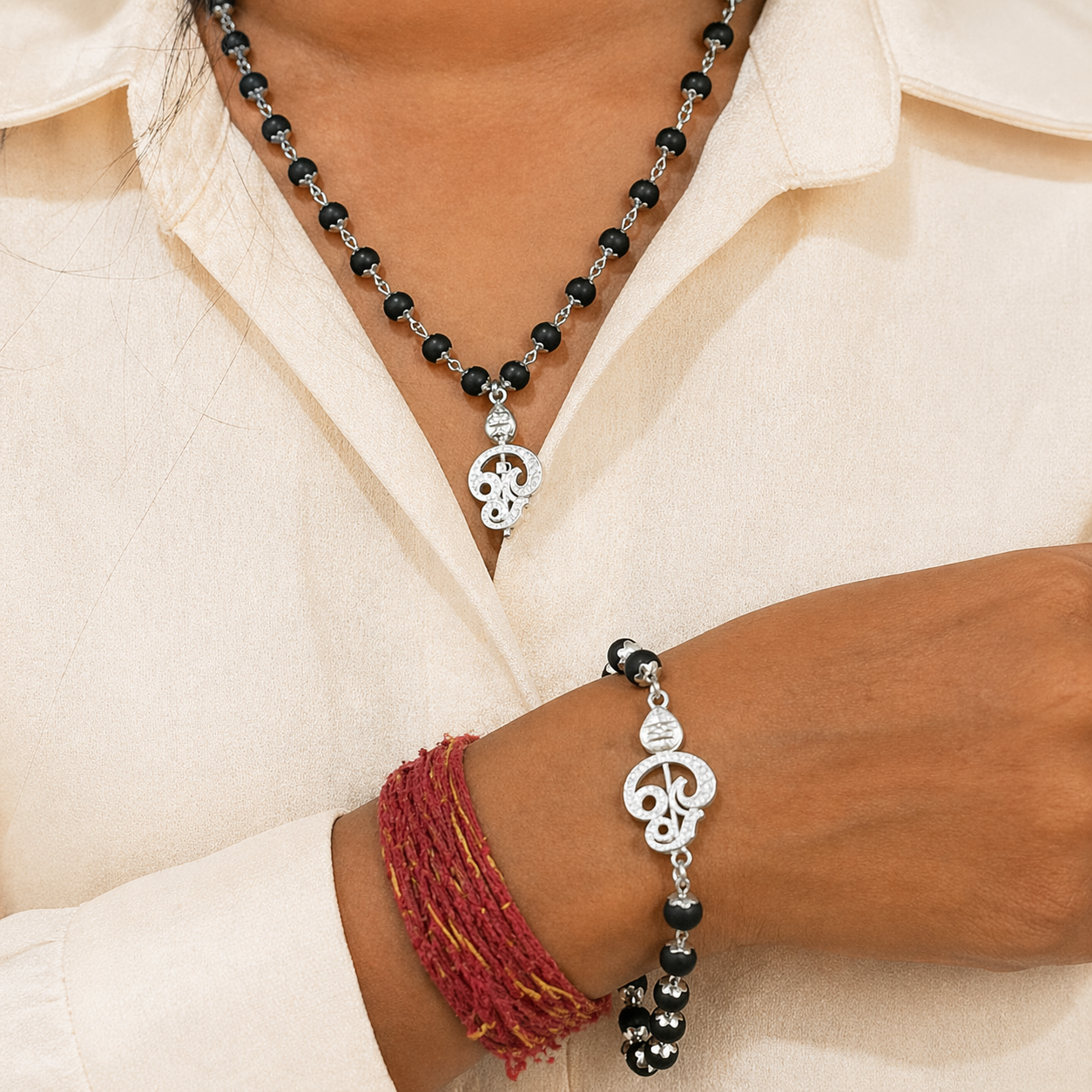 Murugan Vel Karungali Malai Necklace & Bracelet Combo - Silver Plated