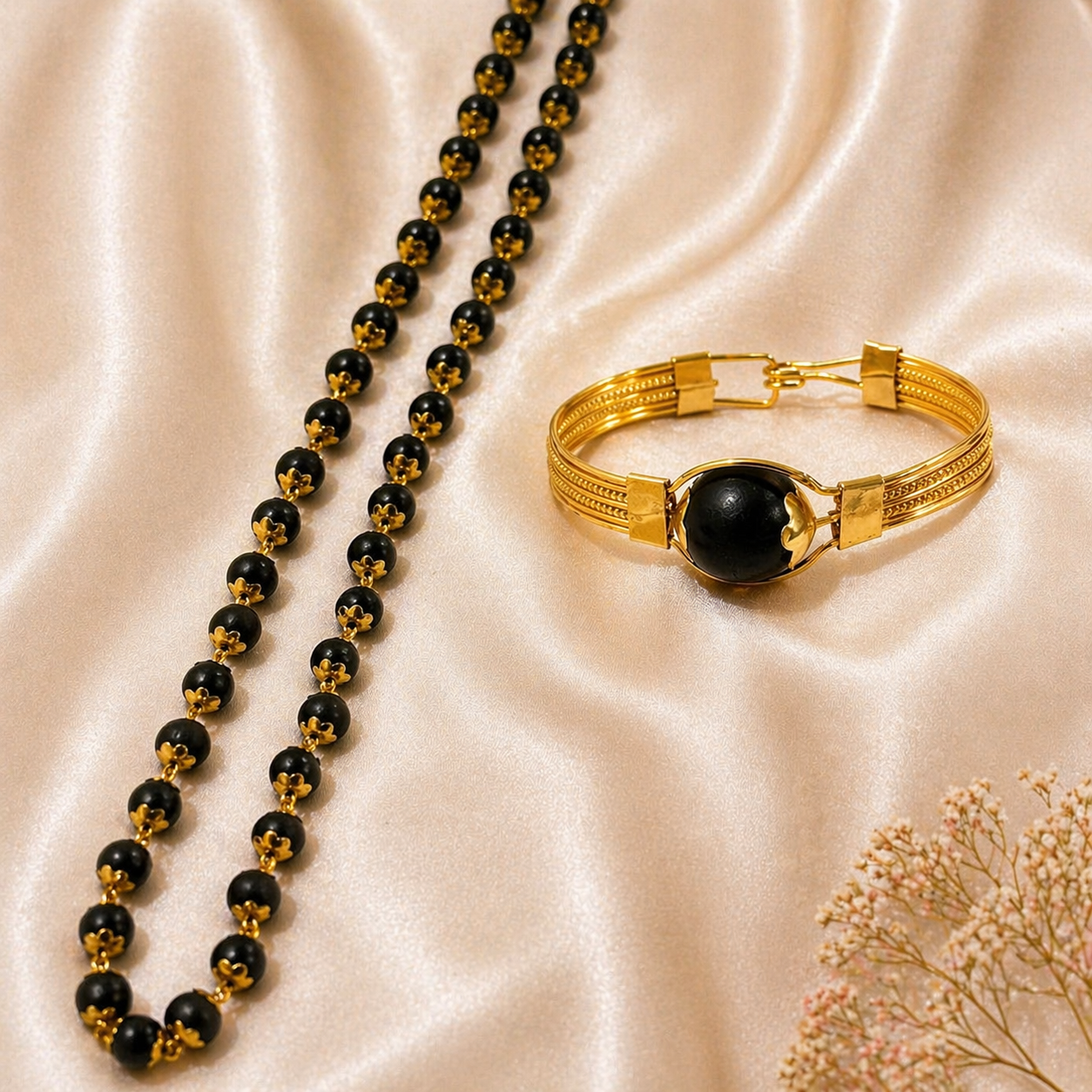 Karungali Malai Necklace & Modern Kada Bracelet Combo - Gold Plated