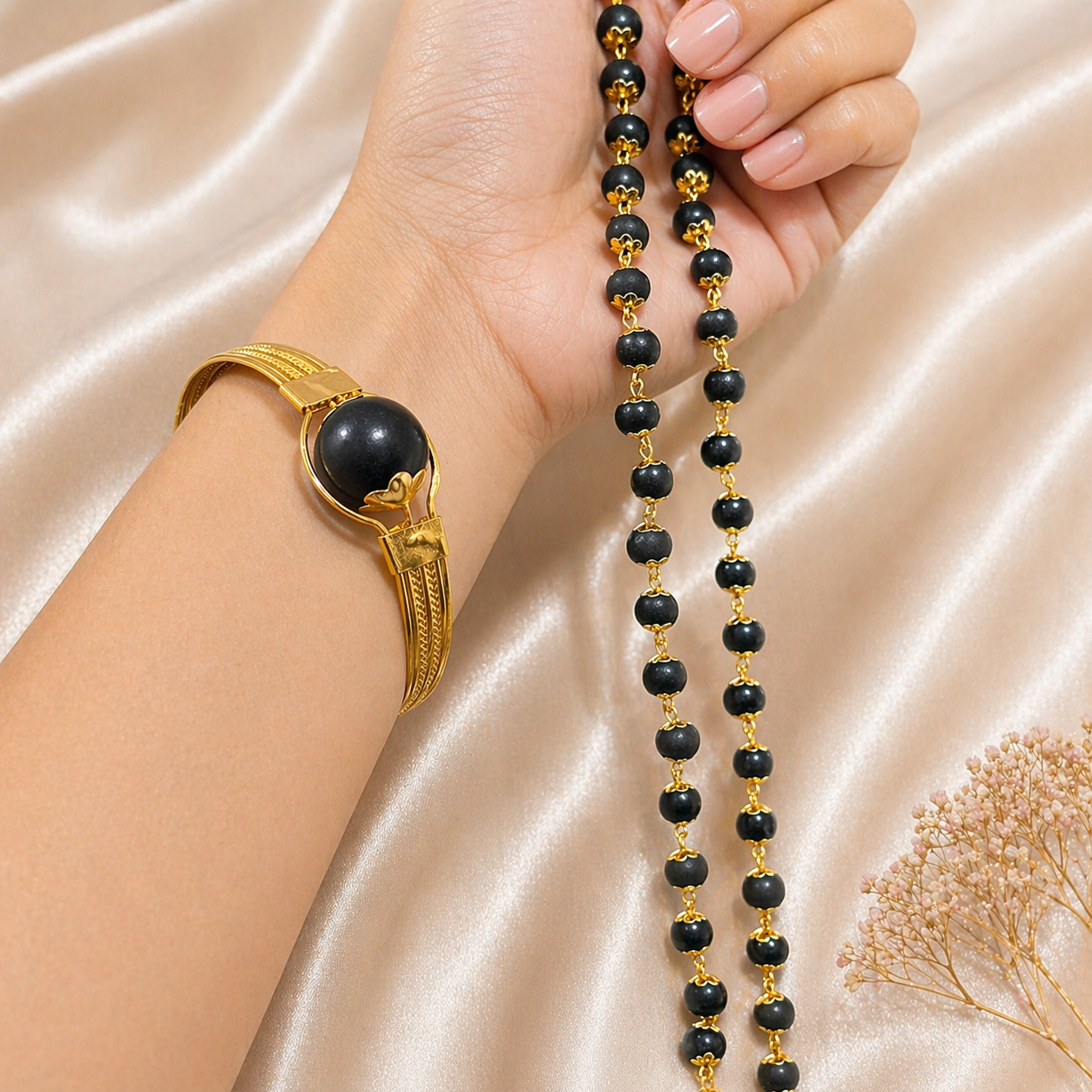 Karungali Malai Necklace & Modern Kada Bracelet Combo - Gold Plated