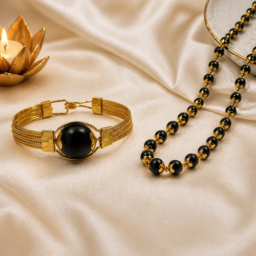 Karungali Malai Necklace & Modern Kada Bracelet Combo - Gold Plated