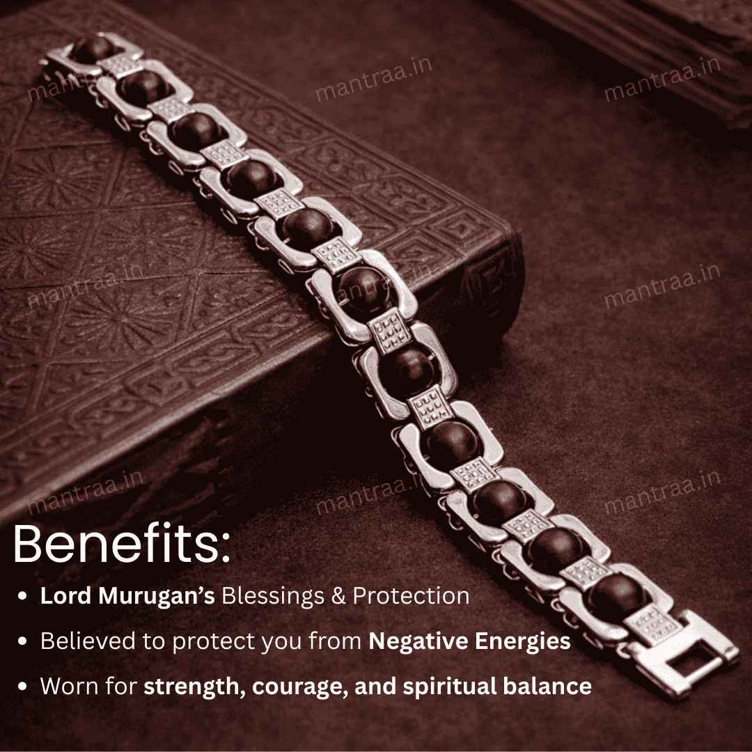 Cuban Bracelet with Karungali beads and silver plated on a textured surface, featuring text about its benefits.