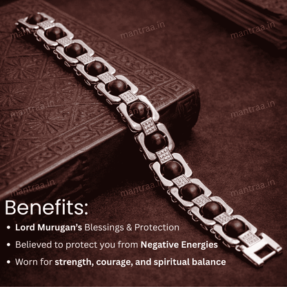 Cuban Bracelet with Karungali beads and silver plated on a textured surface, featuring text about its benefits.