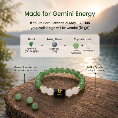 Gemini (मिथुन राशि) Zodiac Green Aventurine & Milky Quartz Bracelet