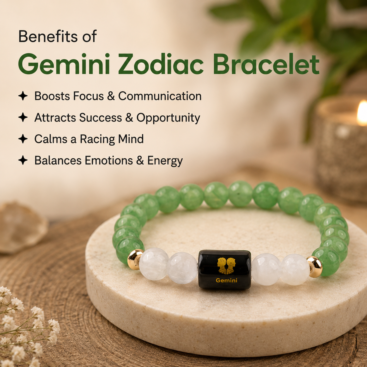 Gemini (मिथुन राशि) Zodiac Green Aventurine & Milky Quartz Bracelet