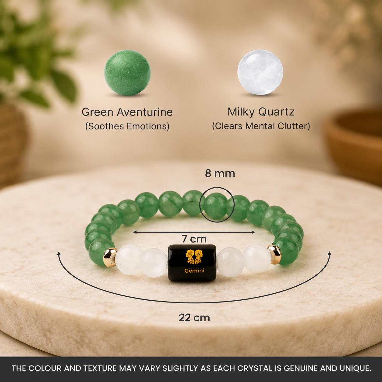 Gemini (मिथुन राशि) Zodiac Green Aventurine & Milky Quartz Bracelet