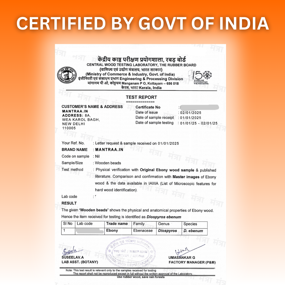 Govt Certified Brand for Karungali Malai Certification document from the Government of India on a gradient background