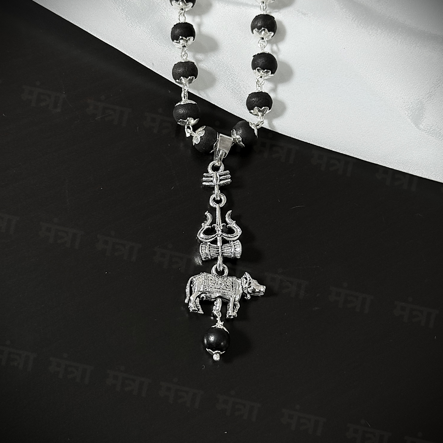 Original Karungali Malai with Shiv Trishul & Nandi Pendant - Silver Plated