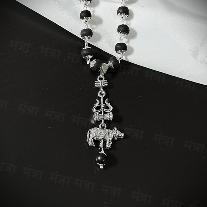 Original Karungali Malai with Shiv Trishul & Nandi Pendant - Silver Plated