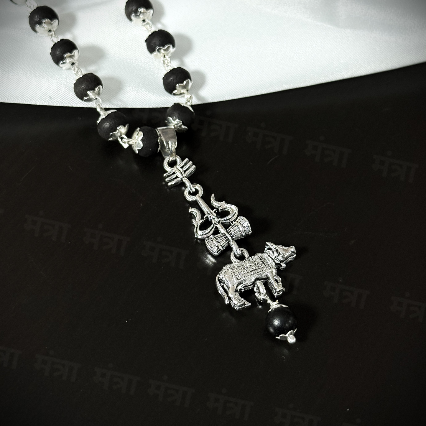 Original Karungali Malai with Shiv Trishul & Nandi Pendant - Silver Plated