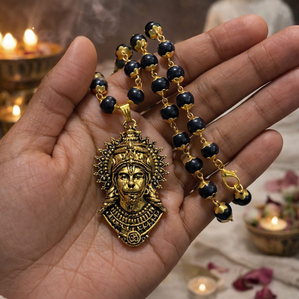 Shri Hanuman Face Gold Plated Karungali Beads Necklace – Certified