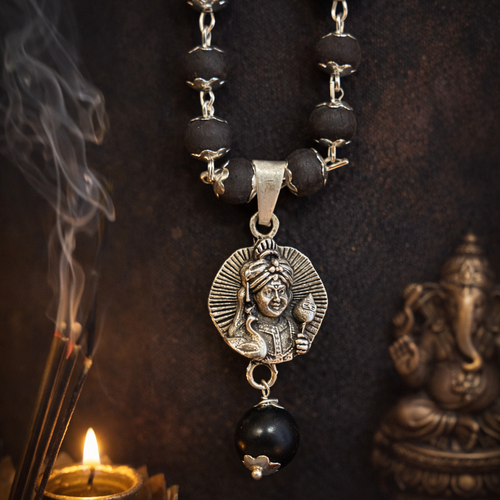 Lord Kartikeya Karungali Malai Necklace - Silver Plated