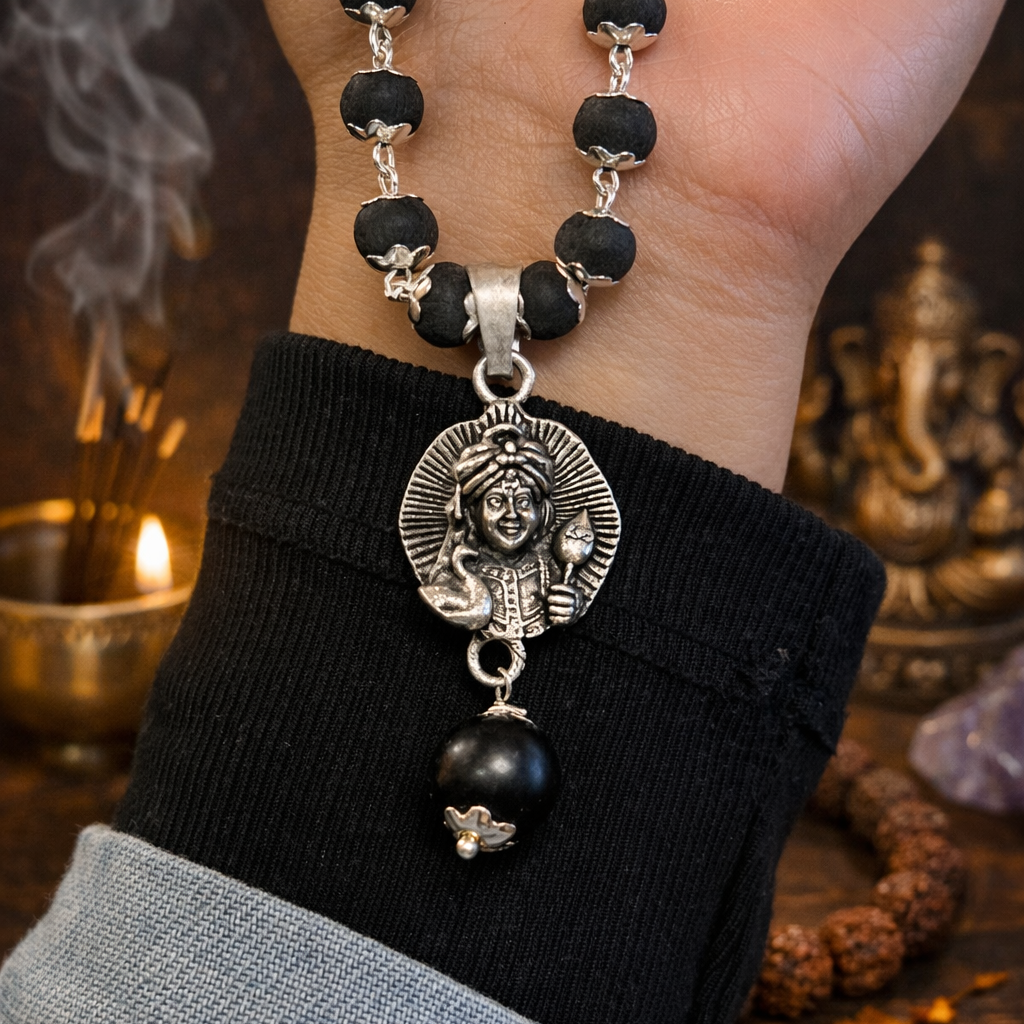 Lord Kartikeya Karungali Malai Necklace - Silver Plated