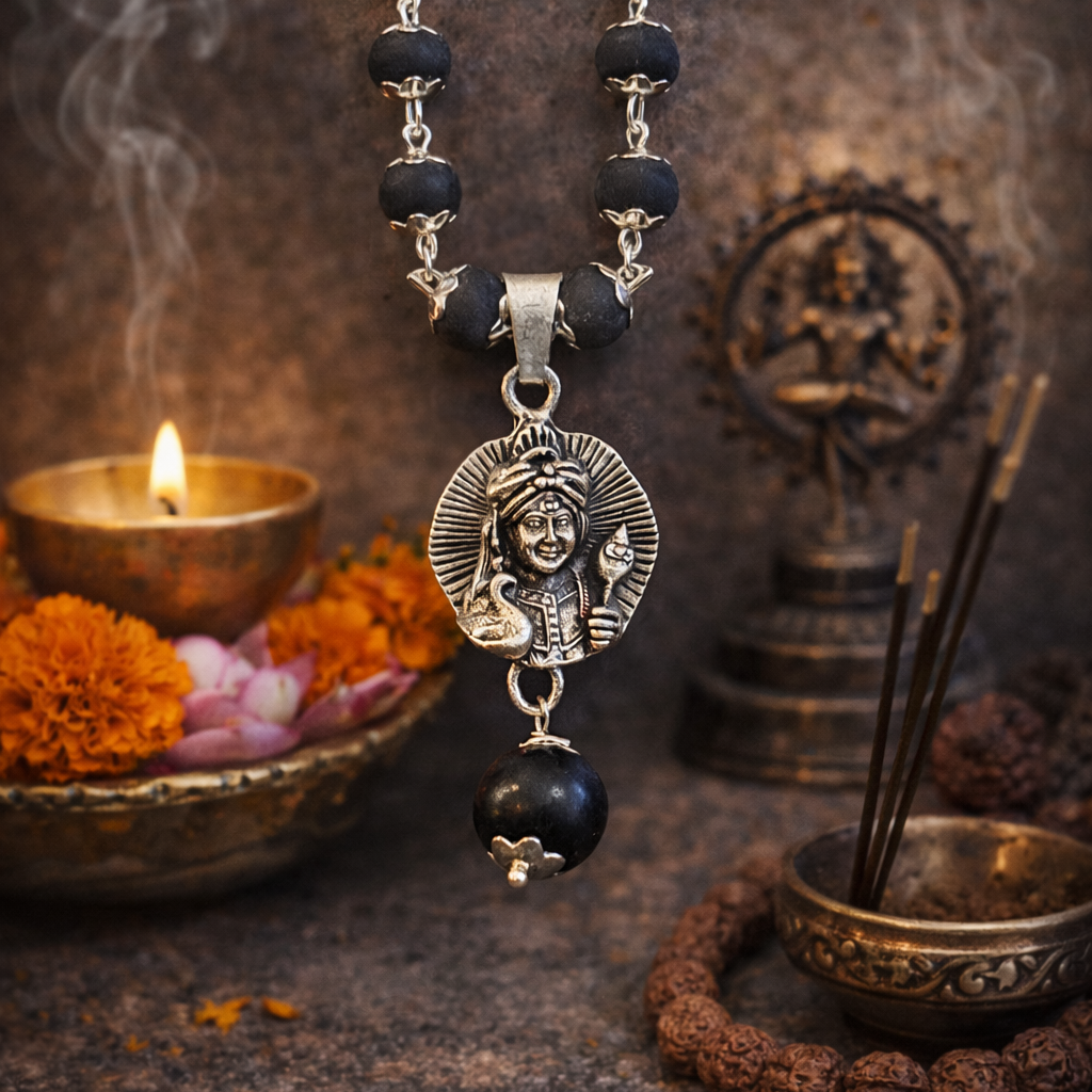 Lord Kartikeya Karungali Malai Necklace - Silver Plated