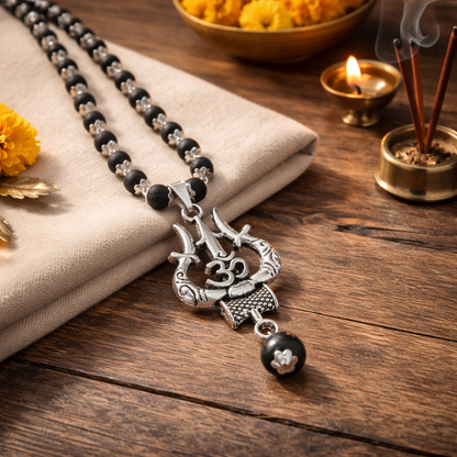 Om Trishul Karungali Malai Necklace - Certified - Free Rudraksha offer