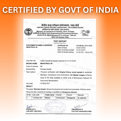 Test report certified by the Government of India on an orange background