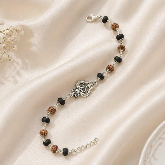 Karungali Rudraksha Shiv Om Trishul Bracelet- Silver Plated