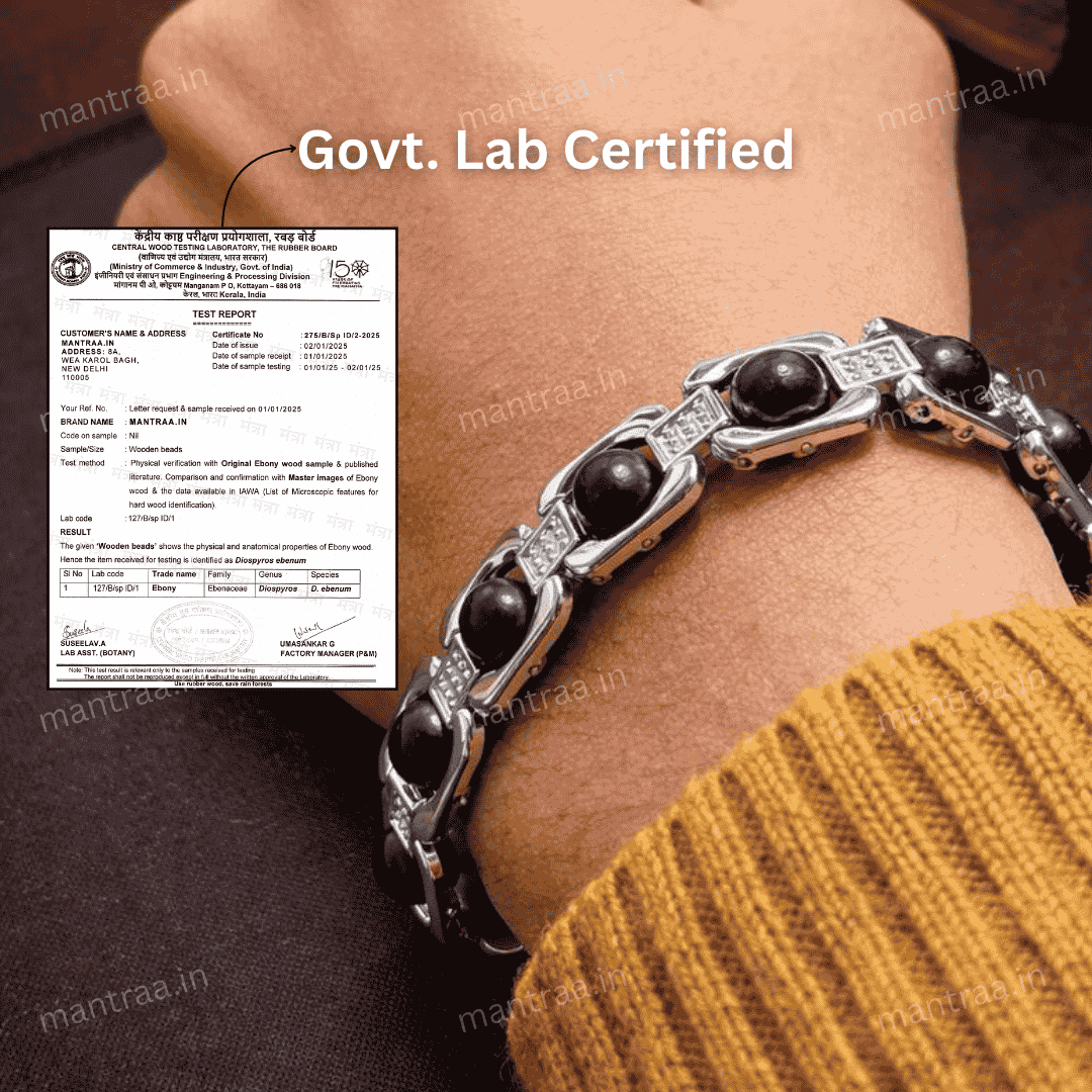 Bracelet with Karungali and silver-plated display on a person's wrist, next to a government lab certification document.