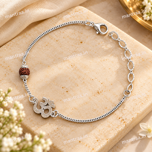 Divine Om Rudraksha Bracelet – Silver Plated