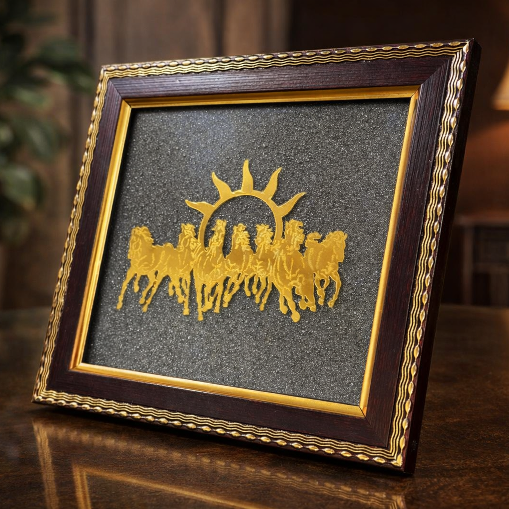 Pyrite 7 Horses Frame artwork with gold silhouette of a chariot and sun with 7 Horses Running
