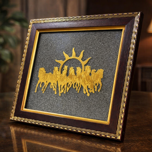 Pyrite 7 Horses Frame artwork with gold silhouette of a chariot and sun with 7 Horses Running