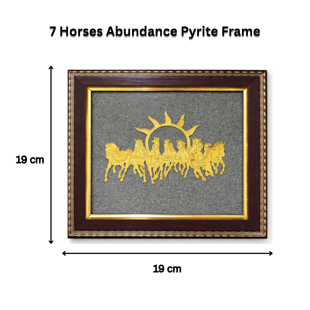 7 Horses Abundance Pyrite Frame with dimensions on a white background