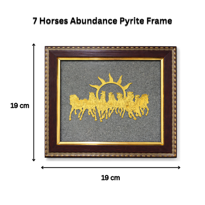 7 Horses Abundance Pyrite Frame with dimensions on a white background