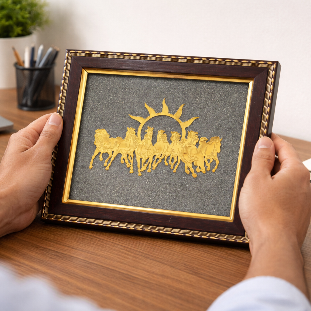 Pyrite 7 Horses Frame artwork with gold silhouette of a chariot and sun with running 7 horses, held by hands.