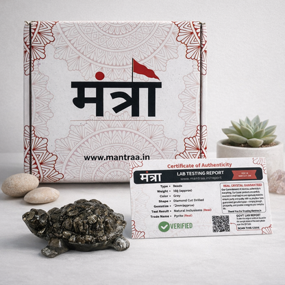 Mantra packaging with a pyrite  crystal turtle and certification on a light gray background