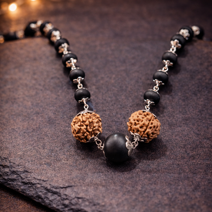 Original Karungali & Rudraksha Beads Necklace - Silver Plated