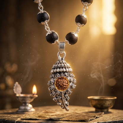 Decorative Karungali Rudraksha Shankh necklace with a pendant on a dark surface with a warm light background