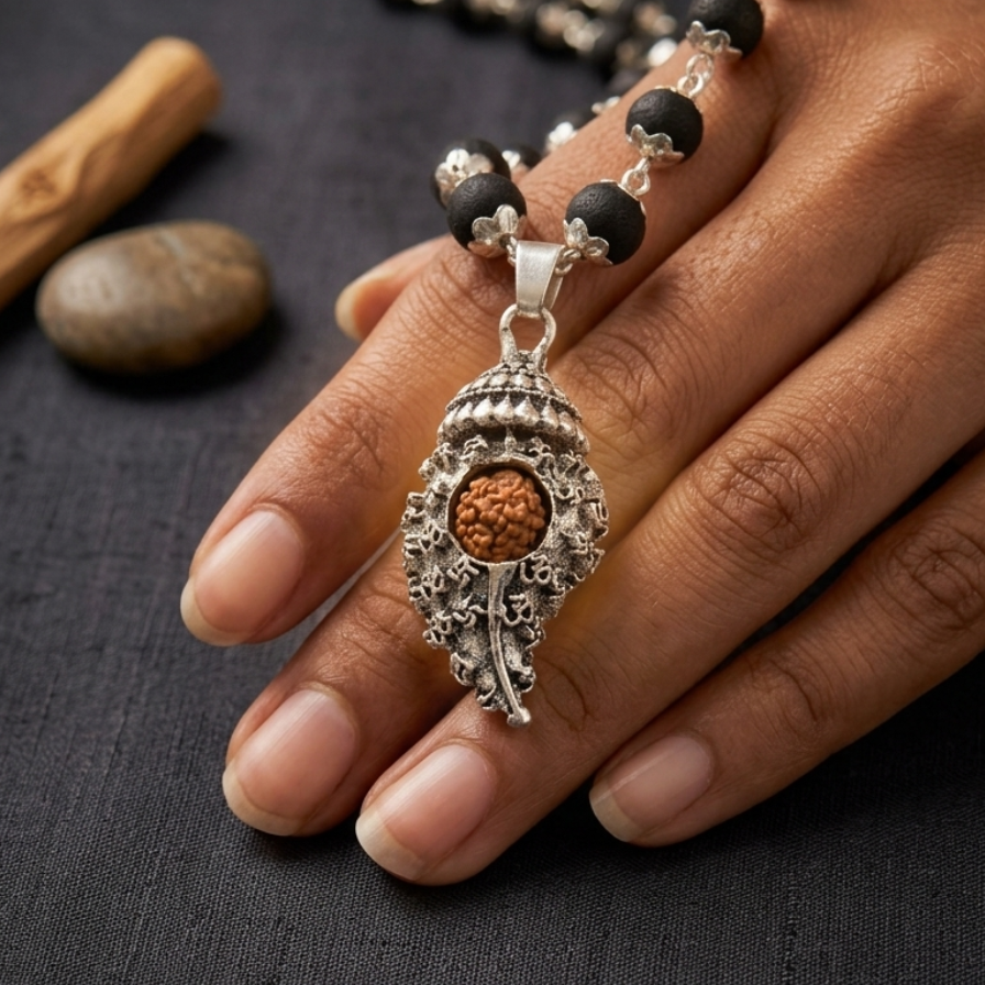 Decorative Shankh Pendant Rudraksha Karungali Necklace with pendant on a hand against a dark background