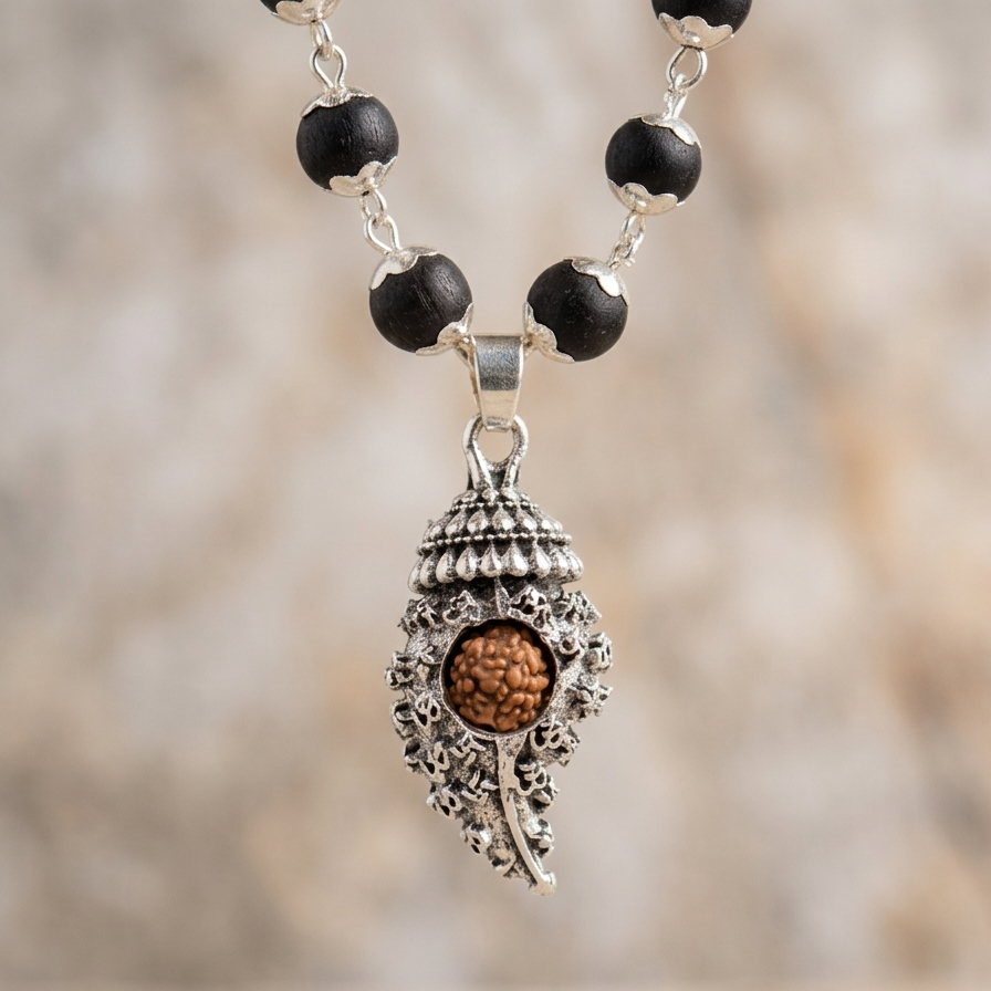 Shankh Pendant Rudraksha Karungali Necklace