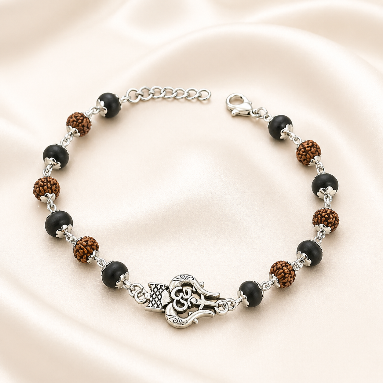 Karungali Rudraksha Shiv Om Trishul Bracelet- Silver Plated