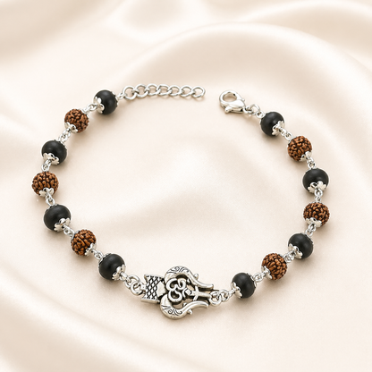 Karungali Rudraksha Shiv Om Trishul Bracelet- Silver Plated