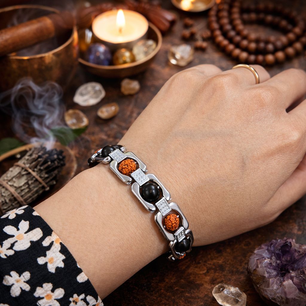 Karungali Rudraksha Cuban Bracelet - Silver Plated