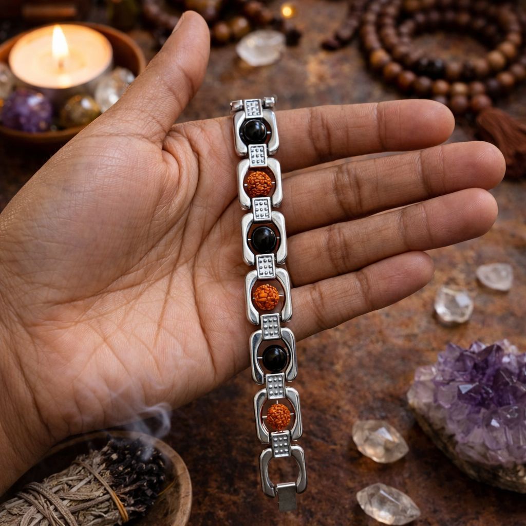 Karungali Rudraksha Cuban Bracelet - Silver Plated