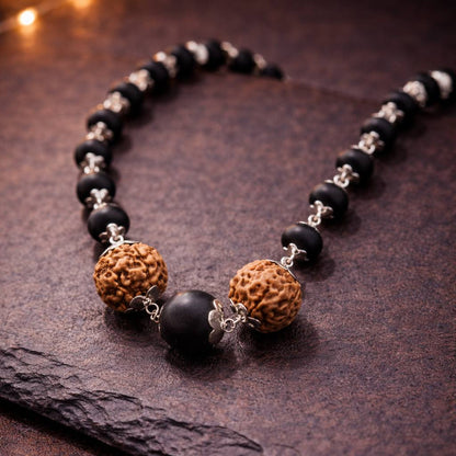 Original Karungali & Rudraksha Beads Necklace - Silver Plated