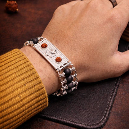 Om Rudraksha Karungali Bracelet - Silver Plated