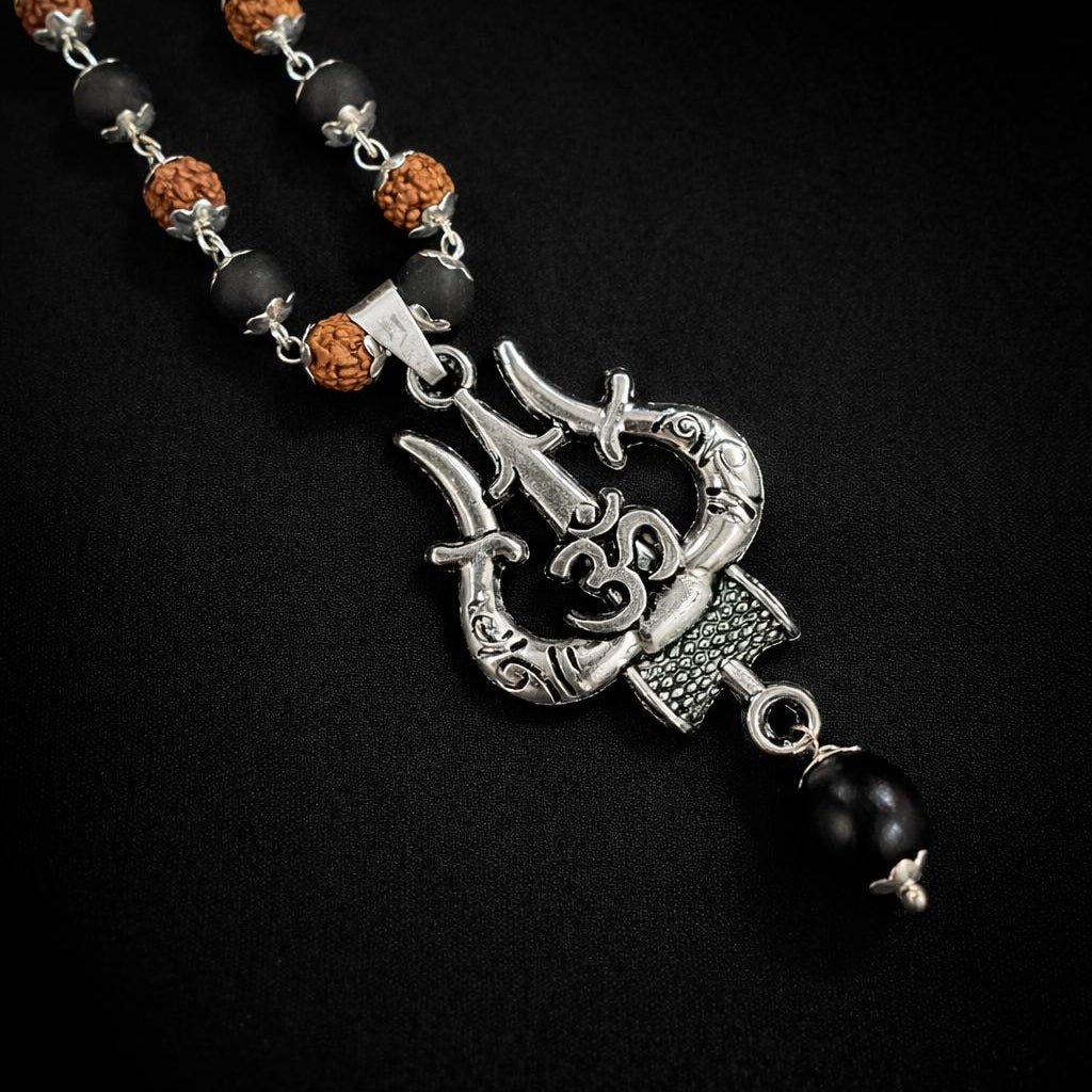 Silver Plated Om Trishul Rudraksha Karungali Necklace