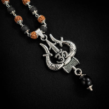 Silver Plated Om Trishul Rudraksha Karungali Necklace