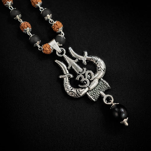 Silver Plated Om Trishul Rudraksha Karungali Necklace